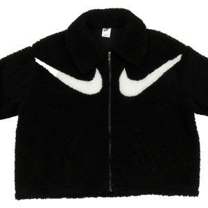 NEW Womens Nike Sherpa Fleece Black White Big Swoosh Full Zip Coat Jacket XL